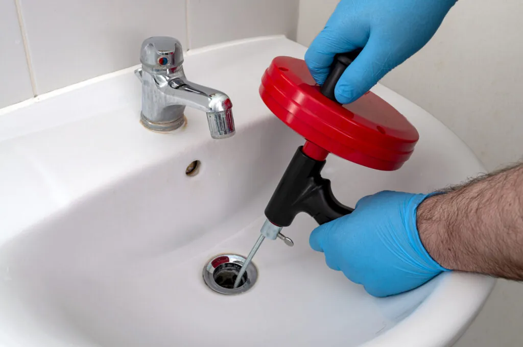 Plumber's hands using a drain snake in a bathroom sink.